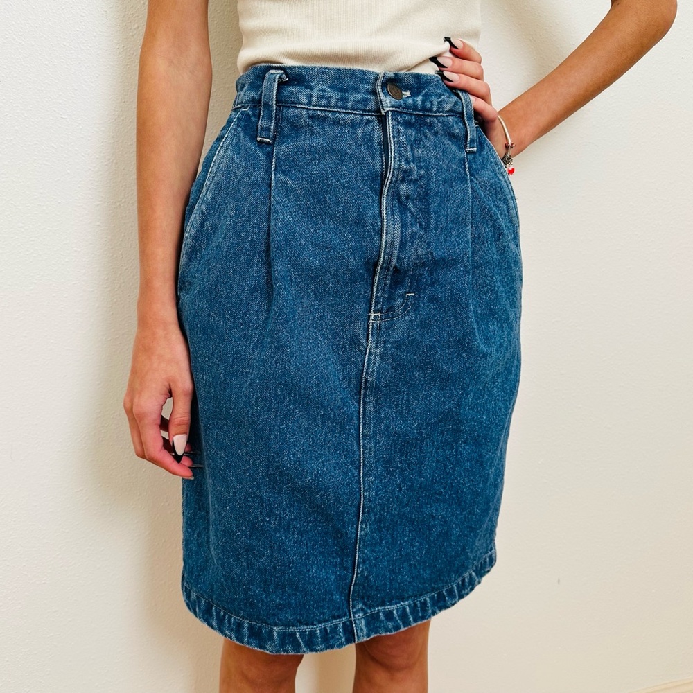Vintage Classic Pencil Denim Skirt Front Pleated Knee Length - Picture 4 of 8